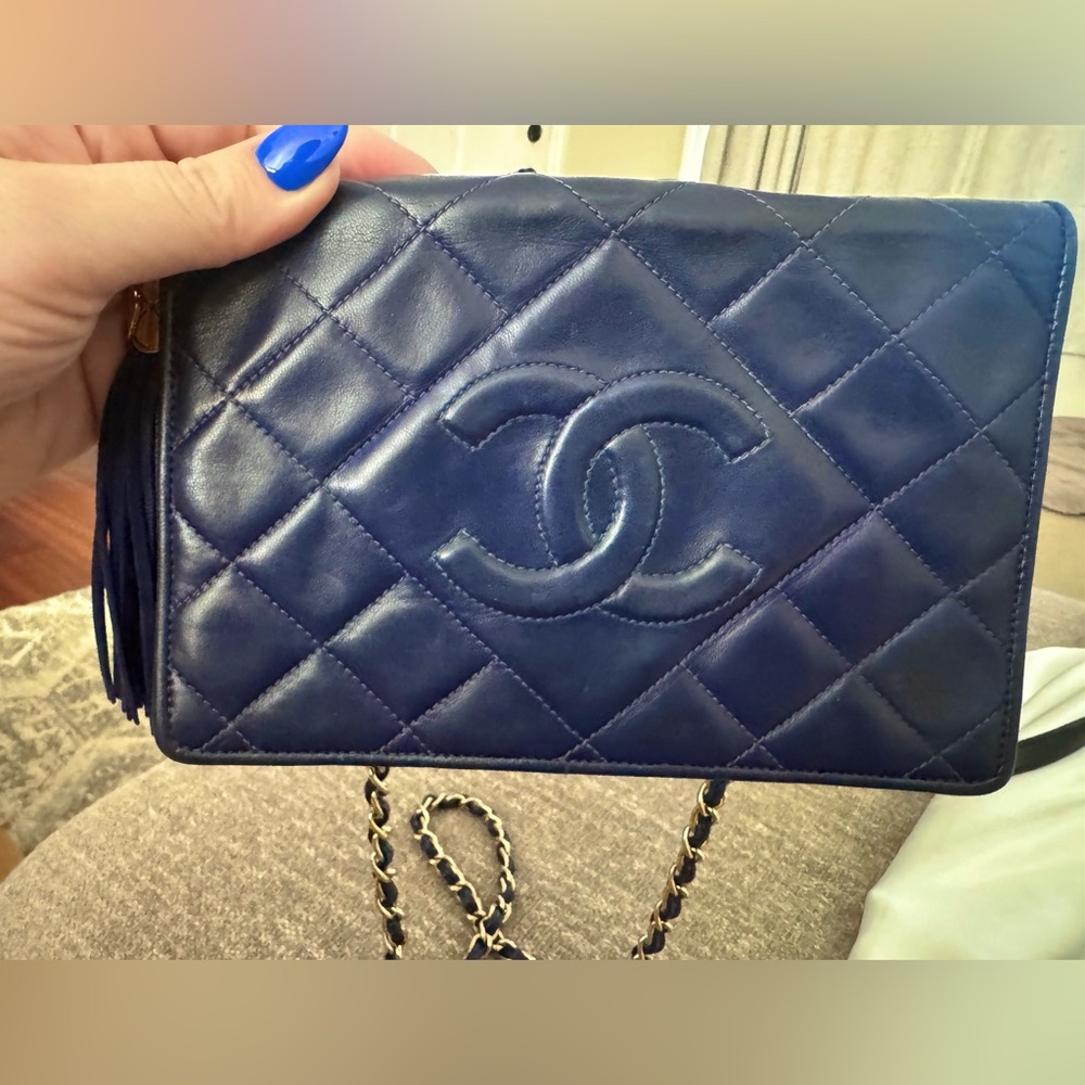 Vintage Chanel Matelassé Lambskin Diamond CC Flap Bag in Navy and 24k gold